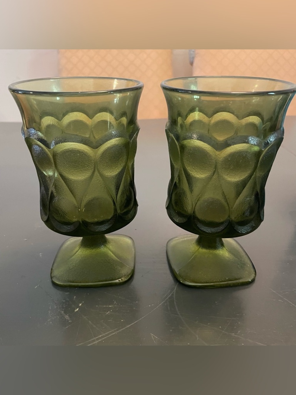 Vintage Set of Two Olive Green Pressed Glass Goblets